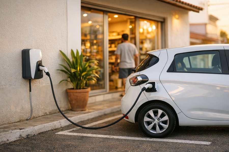 Carro elétrico branco carregando num carregador de parede em frente a um comércio